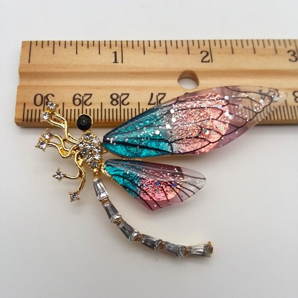 Brooch Dragonfly Rhinestone Pin Crystal Gold Magical Insect Lucky Trendy Stylish - Picture 3 of 3